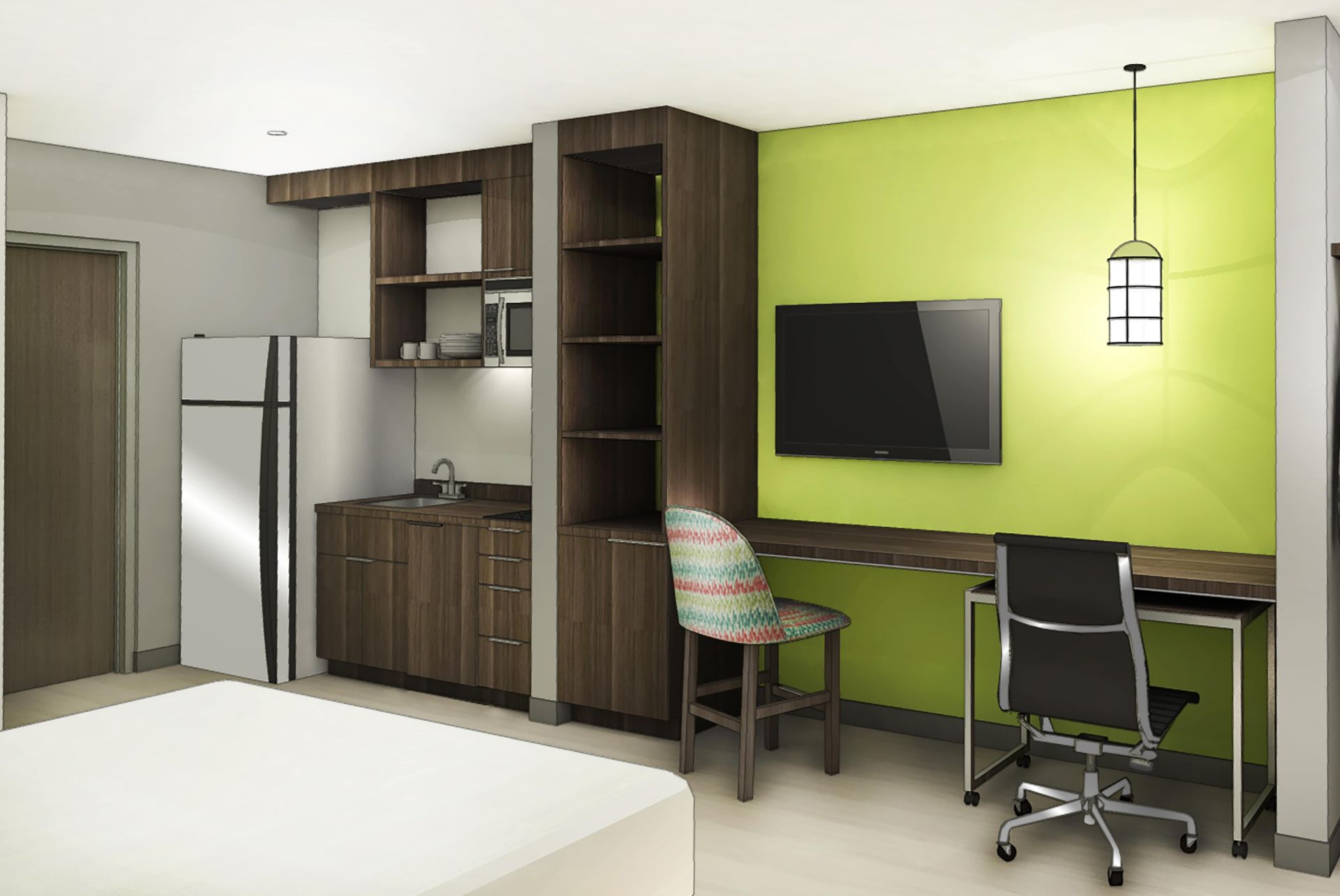 Ihr komfortables Zuhause auf Zeit Modern eingerichtetes Hotelzimmer mit Küchenzeile, Schreibtisch und TV – ideal für kurze und längere Aufenthalte.