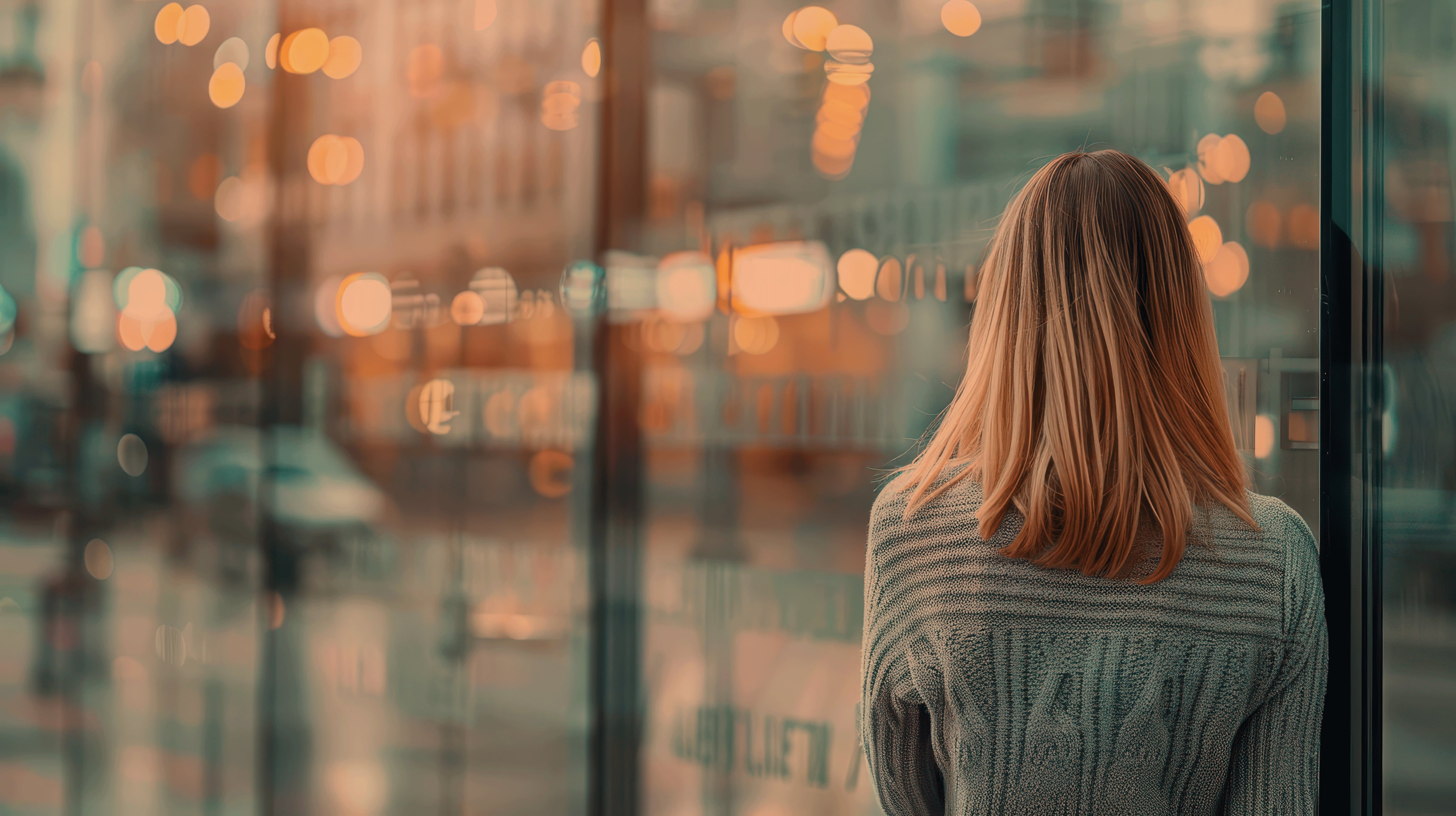 Momente der Inspiration – Ihr Aufenthalt bei Best Western Frau mit lockigem Haar blickt durch eine Glasfassade auf eine Stadtlandschaft im warmen Abendlicht