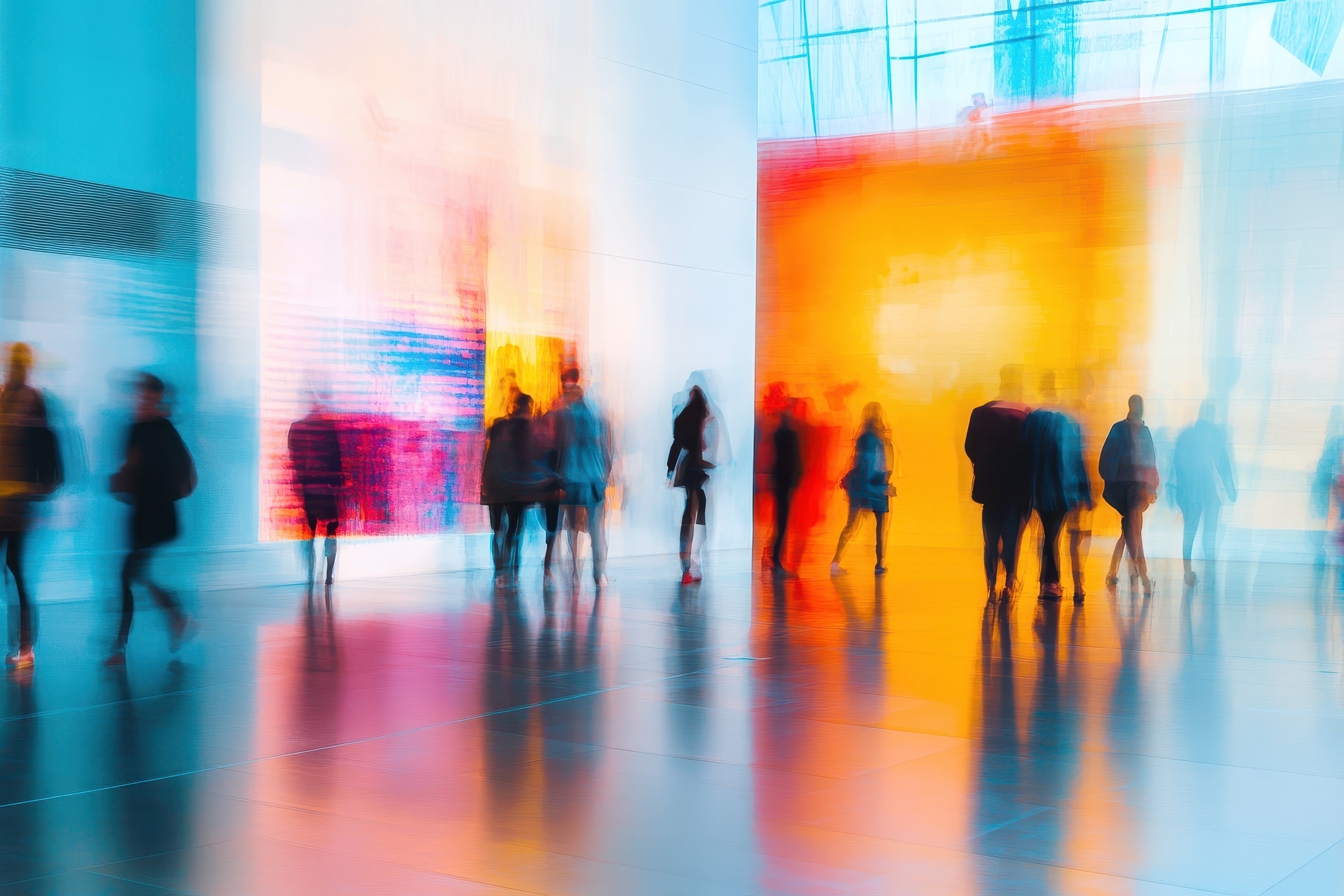 Menschen in Bewegung auf einer Kunstmesse mit leuchtenden Farben und abstrakten Lichtreflexionen